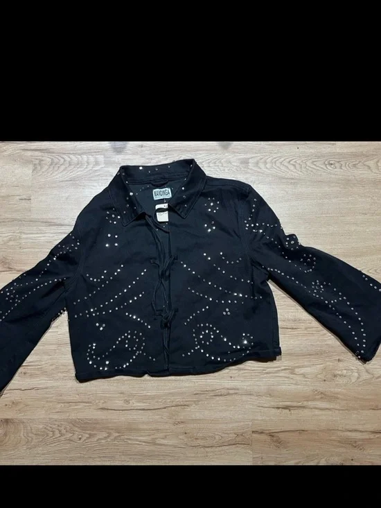 Free People Black Studded Tie-Front Denim Jacket - Picture 3 of 4